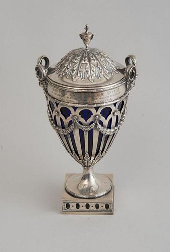 THEODORE B. STARR PRESENTATION SILVER URN AND COVER WITH BLUE GLASS LINER