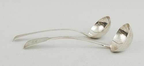 GEORGE III SILVER PUNCH LADLE AND AN IRISH GEORGE IV CRESTED SILVER FIDDLE PATTERN PUNCH LADLE