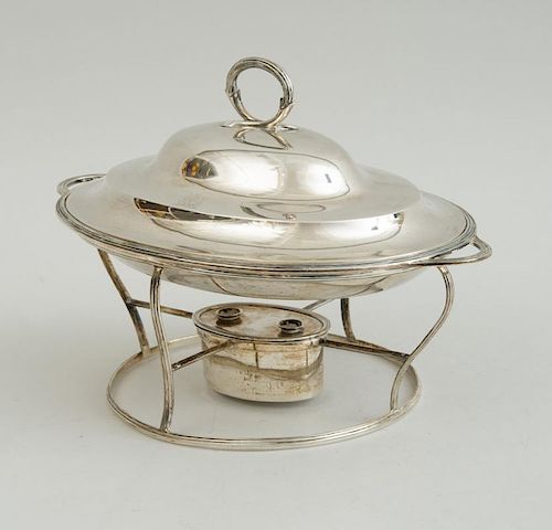 IRISH GEORGE III CRESTED SILVER SHALLOW ENTRÉE DISH ON ASSOCIATED GEORGE III STAND AND WARMER