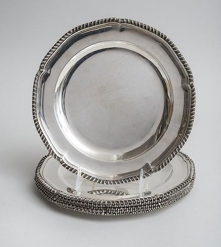 ASSEMBLED SET OF SIX GEORGE III SILVER DINNER PLATES