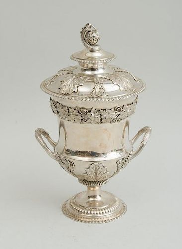 REGENCY ARMORIAL SILVER CAMPANI-FORMED URN AND COVER