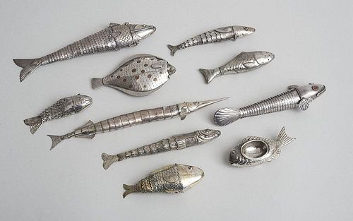 CONTINENTAL SILVER (800) ARTICULATED FISH-FORM SPICE BOX AND SIX SILVER-PLATE FISH-FORM ARTICULATED BOXES