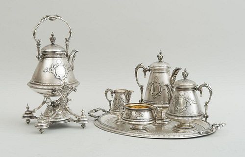 GERMAN 800 SILVER FIVE-PIECE TEA AND COFFEE SERVICE AND A MATCHING TRAY, IN THE RENAISSANCE STYLE