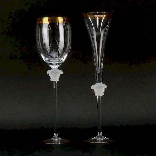 Grouping of Seven (7) Rosenthal Versace Medusa Lumiere Clear Crystal Stemware. Includes: 4 fluted champagne glasses and 3 wat