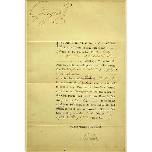 King George III of England (1738-1820) Circa June 1, 1798 Letter to “Our Trusty & Well Loved Robert Holt"