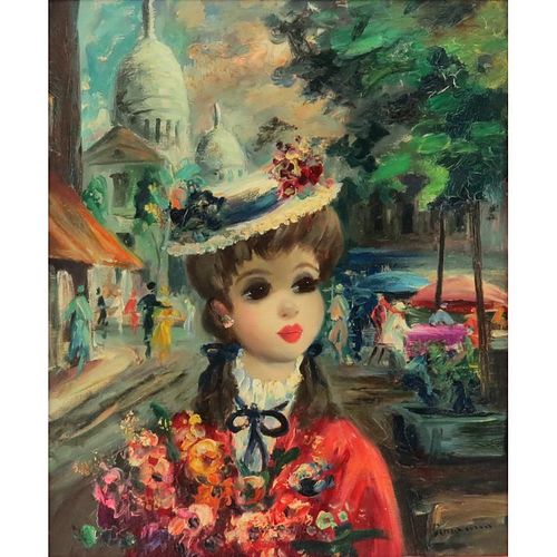 Mid Century Vintage Jean Calogero Style Oil On Canvas "French Girl With Hat" Signed lower right