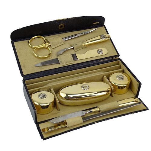 Fine and Rare Victorian for Cartier Seven (7) Piece 14 Karat Yellow Gold Travel Manicure Set in Fitted Box Plus Tiffany & Co 