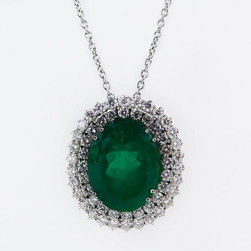 21.0 Carat Oval Cut Colombian Emerald, 4.0 Carat Round Brilliant Cut Diamond and 18 Karat White Gold Pendant Necklace.