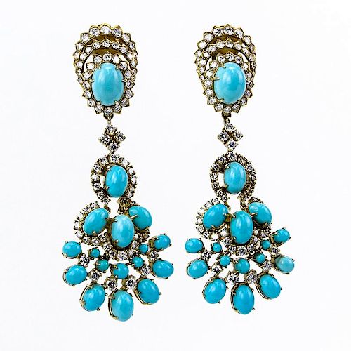 Vintage Van Cleef & Arpels Diamond, Persian Turquoise and 18 Karat Yellow Gold Pendant Earrings with Detachable Pendant