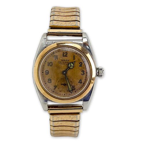 Men's Very Rare Circa 1934 Rolex Bubble Back Pink Gold and Stainless Steel Oyster Perpetual Chronograph