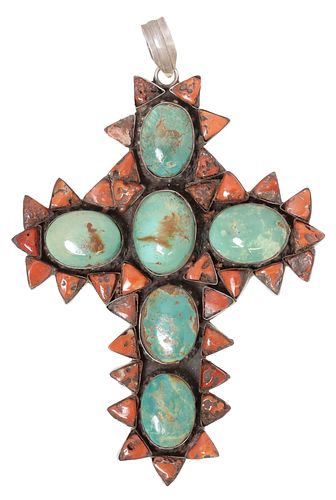 LARGE SOUTHWEST STYLE STERLING TURQUOISE & CORAL CROSS PENDANT