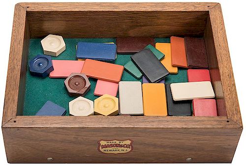 Mixed Group of Multi-Colored Faro Markers and Coppers in Mason & Co. Felt Lined Wood Tray.
