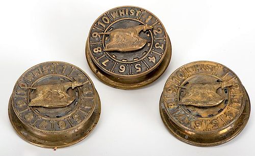 Three Brass Whist Markers with Dog Pointers.