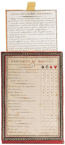 Boston Whist Marker. “Paiemens Au Boston.” Red Leather Case Trimmed in Black & Gold with Set of Rules and Ivory Disc Coun
