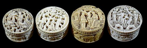 Four Highly Carved Ivory Whist Counter Boxes.