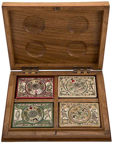 Four Scrimshawed & Hand Painted Ivory Quadrille Boxes with Ivory Scorers on the Lids and Ivory Markers Inside in a Custom Mad