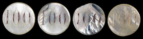 Set of Four Round Mother of Pearl Gambling Chips.