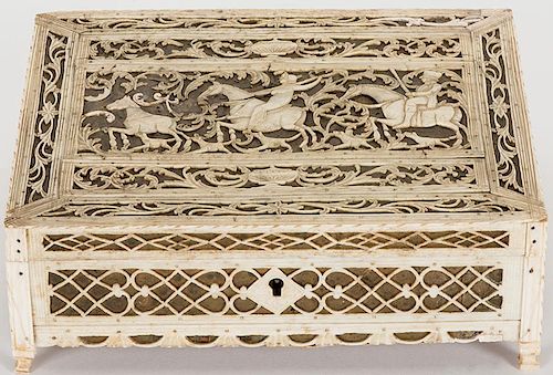 Cased Set of 140 Scrimshawed Ivory “Family Crest” Gambling Chips in Carved Ivory Case.