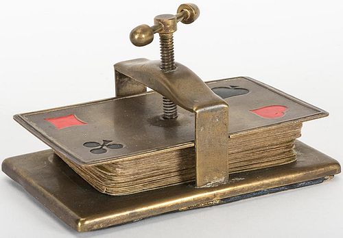 Brass Card Press with Painted Suit Symbols in the Corners.