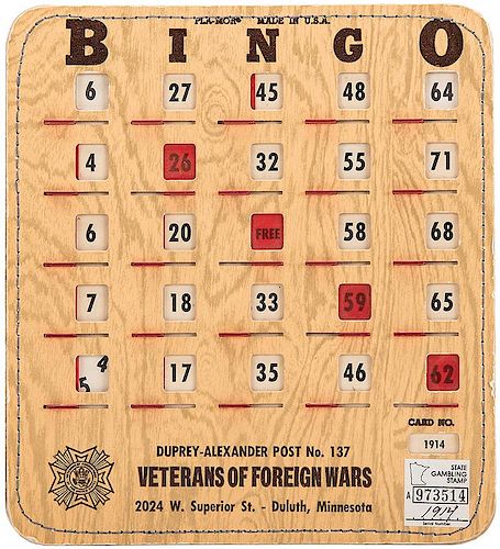 Counterfeit VFW Bingo Card for Cheating.