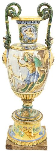 Tall Italian Majolica Vase with Serpentine Handles