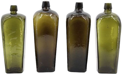 (4) 18th Century Olive Green Gin Bottles