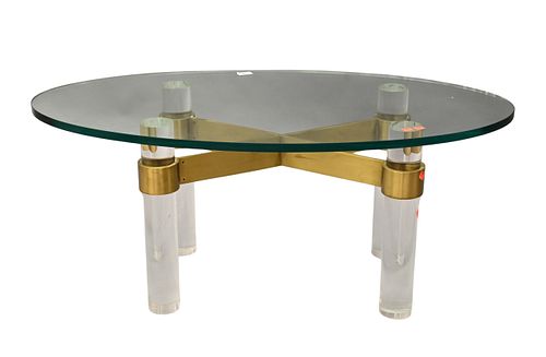 Karl Springer Brass, Acrylic, and Glass Top Oval Coffee Table