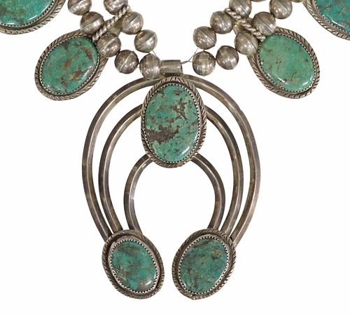 NATIVE AMERICAN STERLING & GREEN TURQUOISE SQUASH BLOSSOM NECKLACE