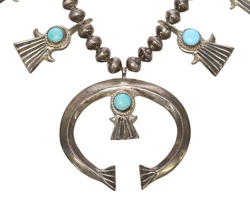 NATIVE AMERICAN SILVER & TURQUOISE SQUASH BLOSSOM NECKLACE