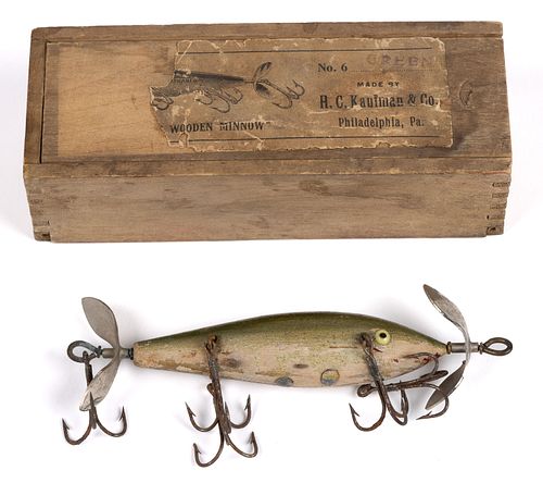 ANTIQUE KAUFMAN HARKAUF FIVE-HOOK FISHING LURE WITH ORIGINAL BOX