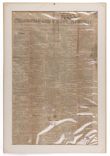 1822 ALEXANDRIA, VIRGINIA NEWSPAPER WITH POTTERY ADVERTISEMENTS