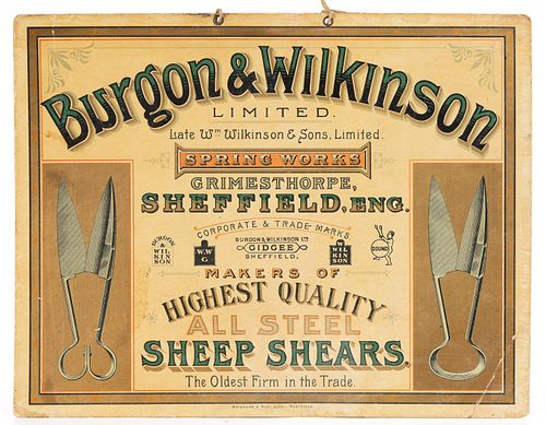 BURGON & WILKINSON SHEEP SHEARS LITHOGRAPH ON CARDSTOCK SIGN