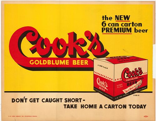 1953 Cook's Goldblume Beer "So Nice" Cardboard Sign Evansville Indiana
