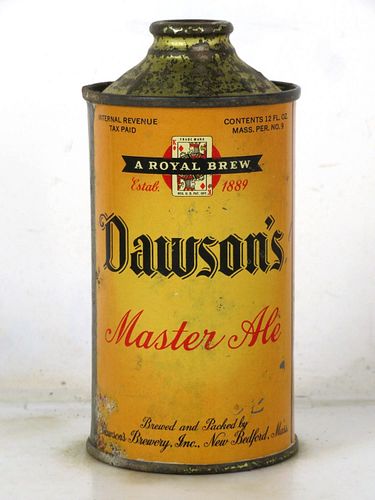 1938 Dawson's Master Ale 12oz 158-26 Low Profile Cone Top New Bedford Massachusetts