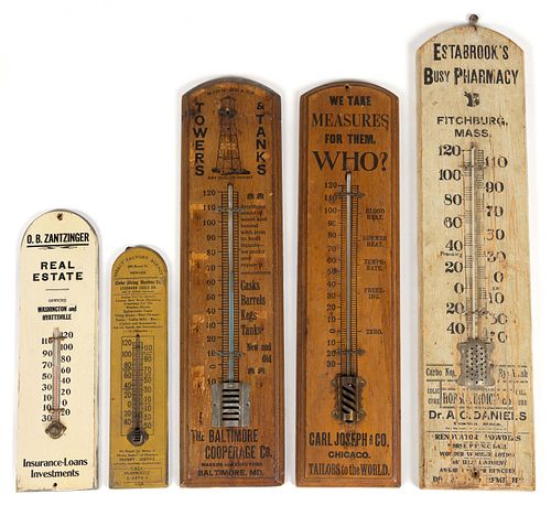 WOODEN ADVERTISING THERMOMETERS, LOT OF FIVE