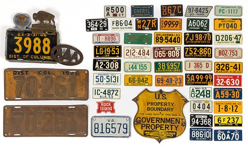 ASSORTED LICENSE PLATES AND GOVERNMENT PROPERTY SIGN, LOT OF 46