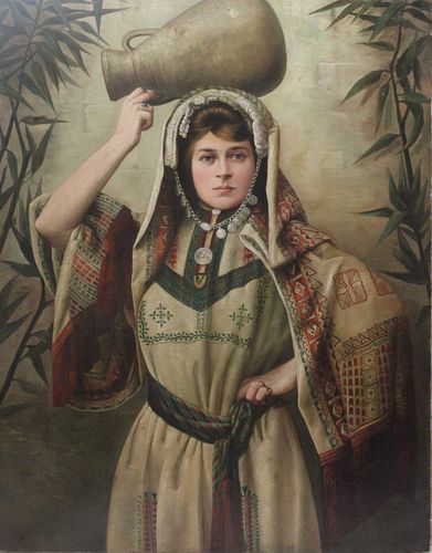 A Rare Late 19th - Early 20th. Century Oil Painting of Lady Wearing a Palestinian Traditional Clothing, A White Linen and Embroidered Headdress, From 