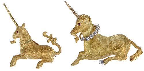 Two 18kt. Unicorn Brooches with Diamonds and Rubies