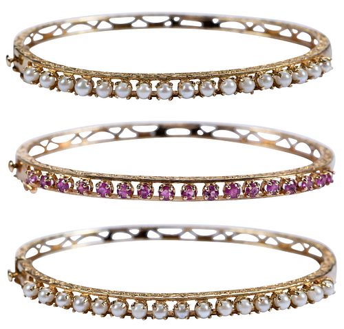 Three 14kt. Ruby and Pearl Bracelets