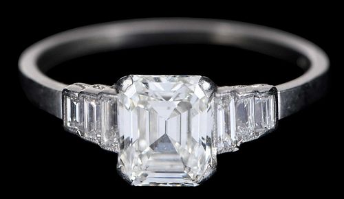 Art Deco Platinum Emerald Cut Diamond, with Baguette Ring 