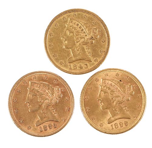Three $5 Half Eagle Gold Coins 
