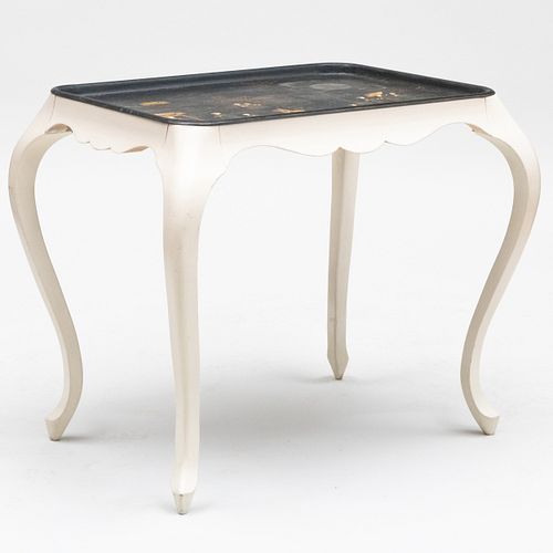 Modern White Painted Table with an Inset Chinoiserie Lacquer Tray