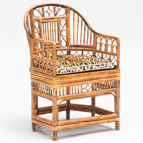 Chinese Bamboo Tub Chair with Leopard Upholstered Seat Cushion