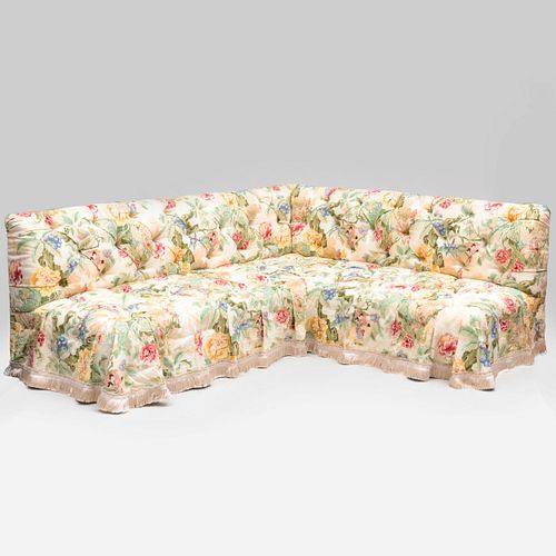 Pair of Chintz Tufted Upholstered Corner Banquettes with a Fringed Skirt