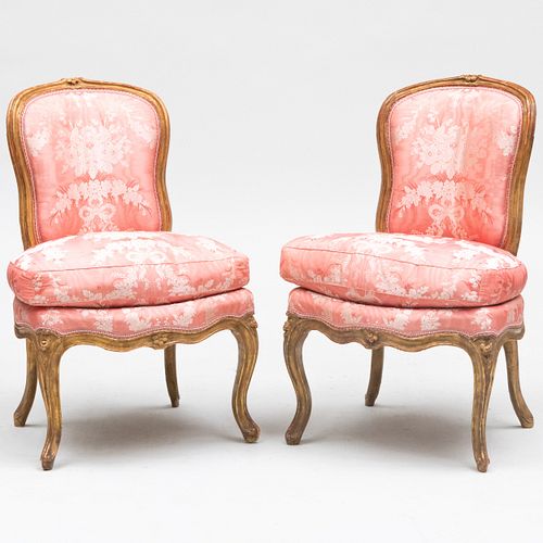 Pair of Louis XV Giltwood Petite Chaises, Stamped L. Delanois