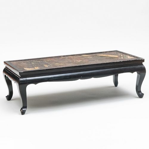 Chinese Polychrome Coromandel Lacquer Panel and Black Lacquer Low Table