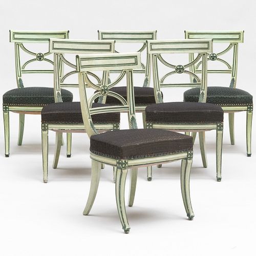 Set of Six Regency Style Green Painted Side Chairs, Upholstered in Horsehair Fabric
