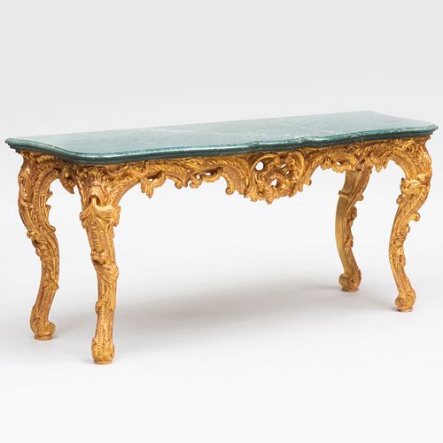 Pair of Louis XV Style Giltwood Console Tables with Marble Tops