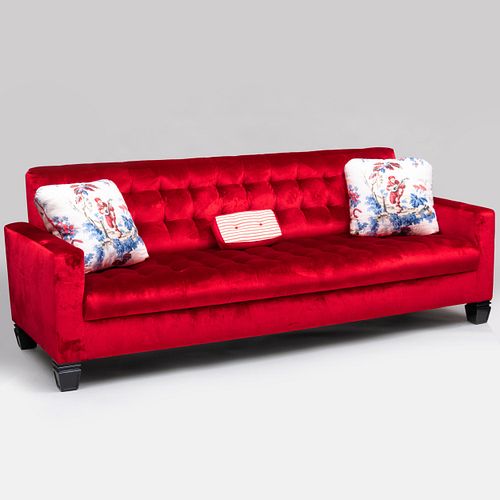 Large Tufted Red Silk Velvet and Ebonized Sofa