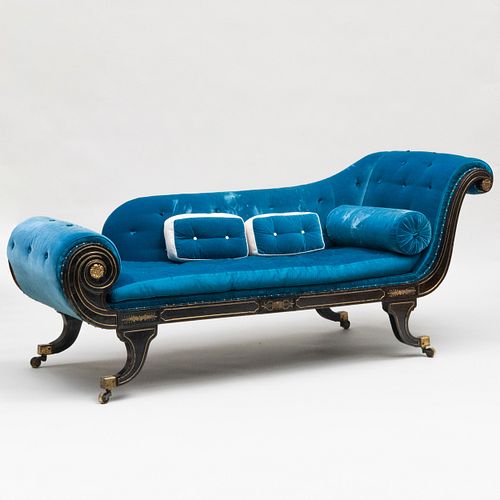 Regency Brass-Mounted Ebonized and Prelle Blue Velvet Upholstered Chaise Lounge